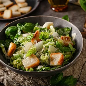 A fresh and crisp Caesar salad, topped with parmesan and crunchy croutons, perfect for any time of the day.